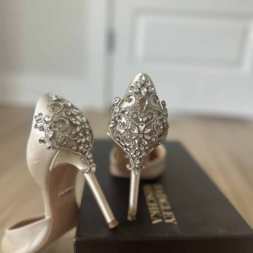 Badgley Mischka Cream and Silver Stiletto Heels with Crystal Embellishments